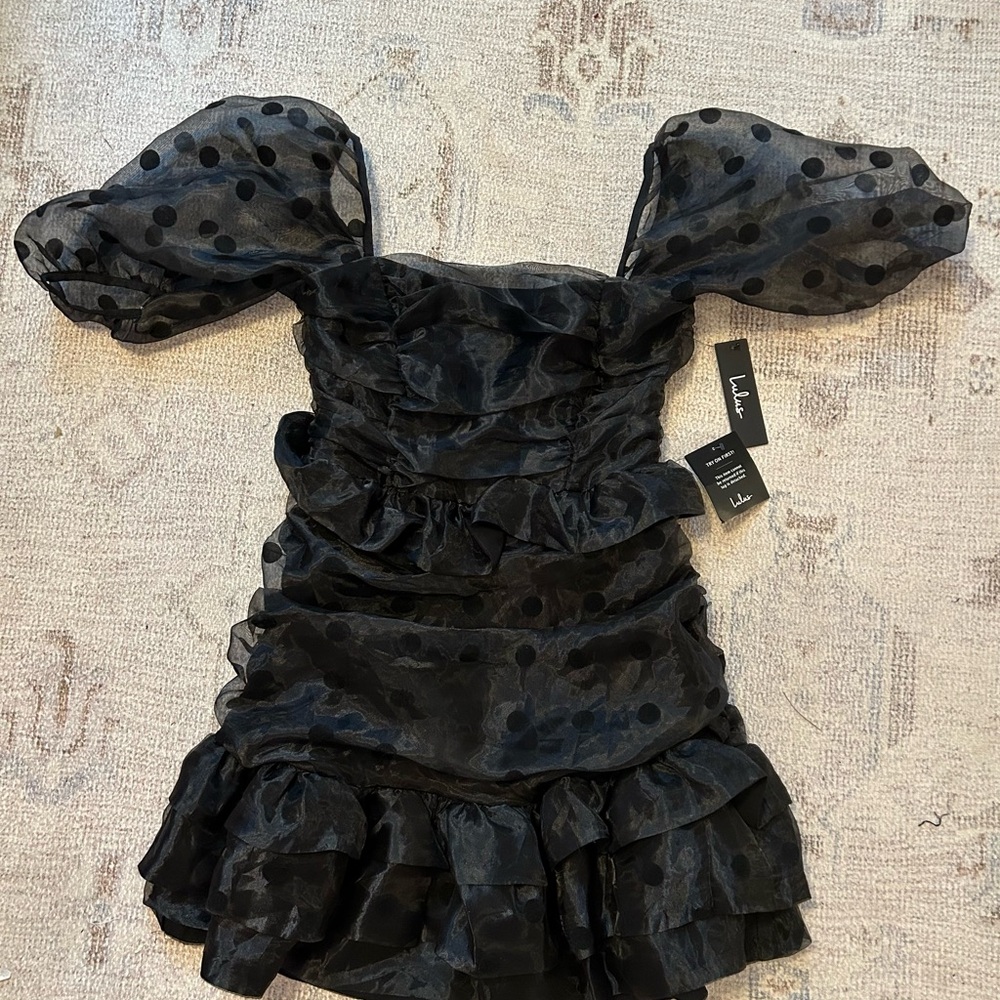Lulu's Black Polka Dot Ruched Mini Dress with Puff Sleeves